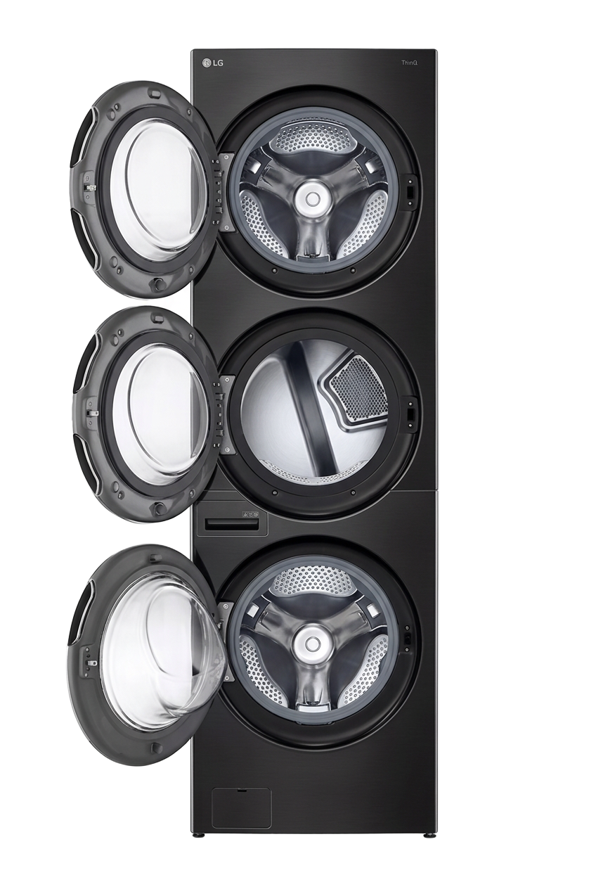 Three stacked black front-loading laundry machines